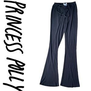 Princess Polly High Rise Tie Waist Ruched Bootcut Flare Pants Black